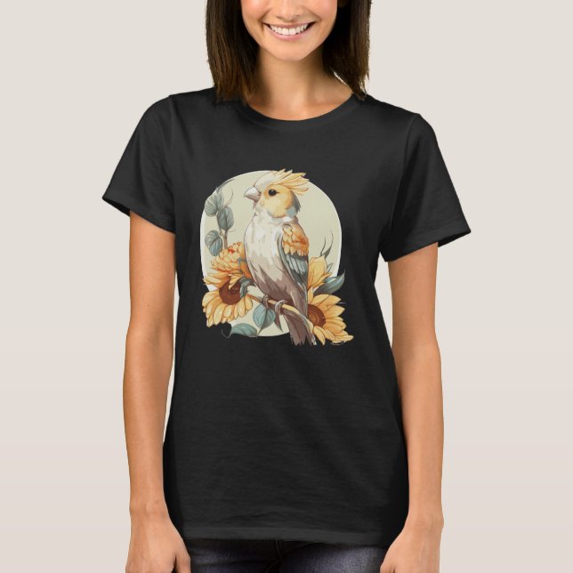 Cute Parrot Cockatiel Sunflower Watercolor Parrot T-Shirt (Front)