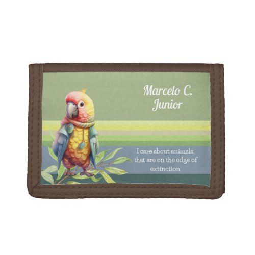 Cute parrot on blue green striped bg custom name  trifold wallet