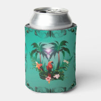 Cute parrot with flowers and palm can cooler