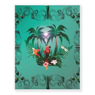 Cute parrot with flowers and palm temporary tattoos