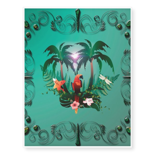 Cute parrot with flowers and palm temporary tattoos (Front)
