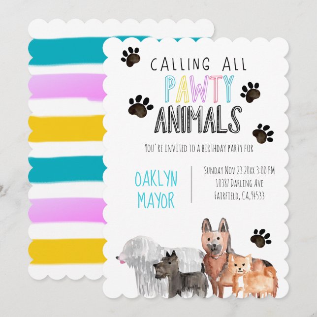 Cute party animal dog theme kid birthday invite (Front/Back)