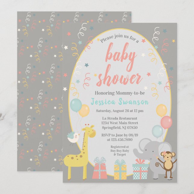 Cute Party Animals Baby Shower Invitation - Pink (Front/Back)