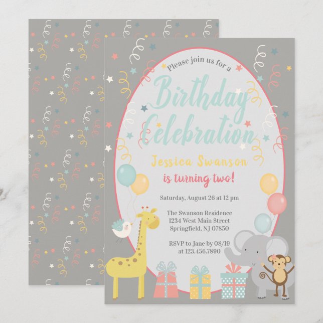 Cute Party Animals Birthday Celebration Blue Invitation (Front/Back)