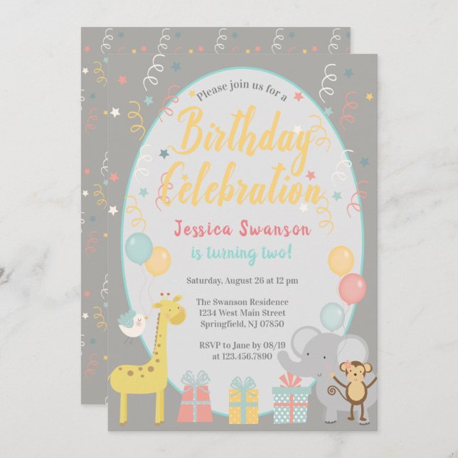Cute Party Animals Birthday Celebration Yellow Invitation (Front/Back)