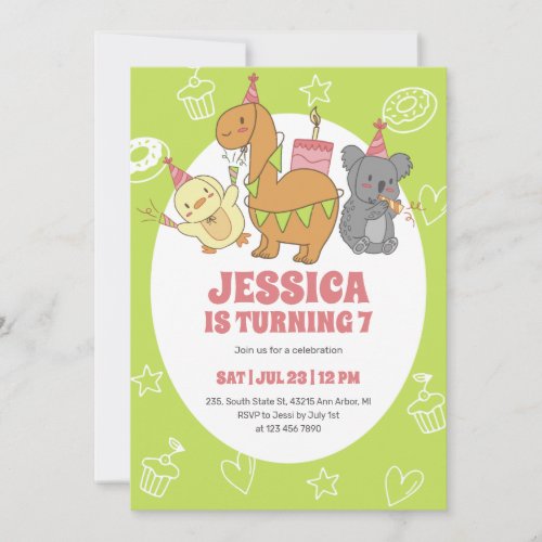 Cute Party Animals Cartoon Kids Birthday Invitation