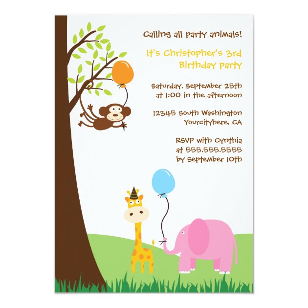 Cute Party Animals Fun Birthday Party Invitation