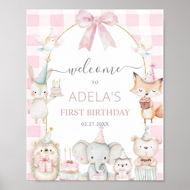 Cute Party Animals Fun To Be One 1st Birthday Pink Poster (Front)