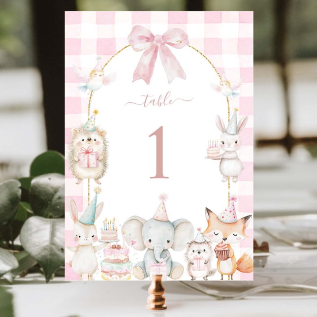 Cute Party Animals Fun To Be One 1st Birthday Pink Table Number (Creator Uploaded)