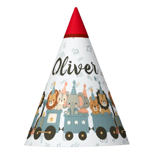 Cute Party Animals on a Charming Train Party Hat (Front)