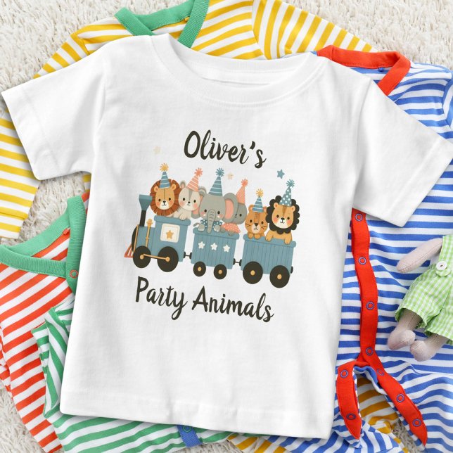 Cute Party Animals on Train Personalized Baby T-Shirt (Creator Uploaded)