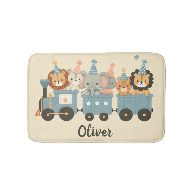 Cute Party Animals on Train Personalized Bath Mat (Front)