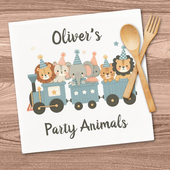 Cute Party Animals on Train Personalized Napkins (Creator Uploaded)