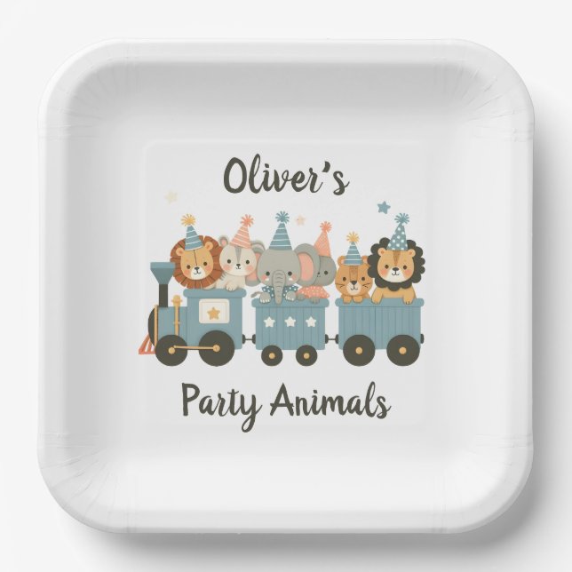 Cute Party Animals on Train Personalized Paper Plates (Front)