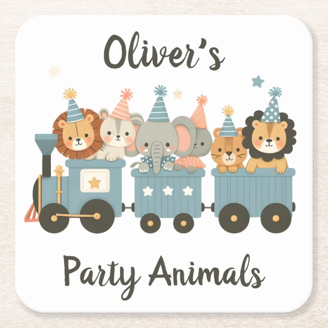 Cute Party Animals on Train Personalized Square Paper Coaster (Front)
