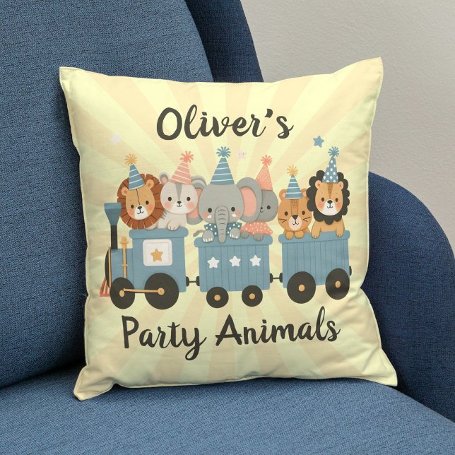 Cute Party Animals on Train Personalized Throw Pillow (Creator Uploaded)