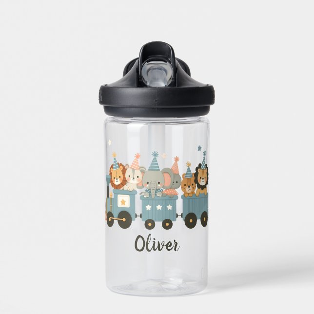 Cute Party Animals on Train Personalized Water Bottle (Front)