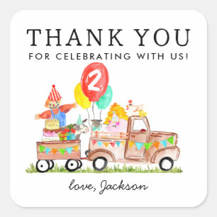 Cute Party Animals Truck Barn Kids Farm Birthday Square Sticker