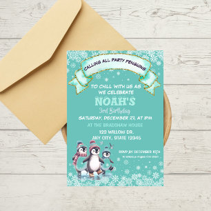 Cute Party Birthday Boy snowflakes Penguins  Invitation