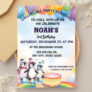 Cute Party Birthday Boy Watercolor Penguins  Invitation