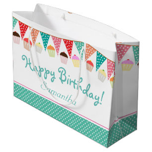 Cute Party Bunting and Cakes Personalised Birthday Large Gift Bag