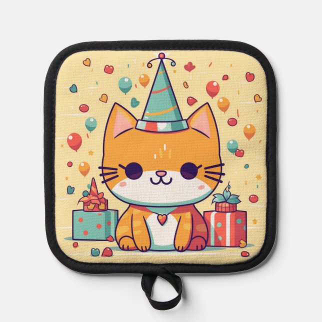 Cute party cat birthday,  pot holder (Front)