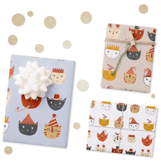 Cute Party Cat Wrapping Paper Sheets (Party cat fun gift wrapping paper sheets in three colors and scales)