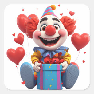 Cute Party Clown With Heart Balloons 🤡 Square Sticker