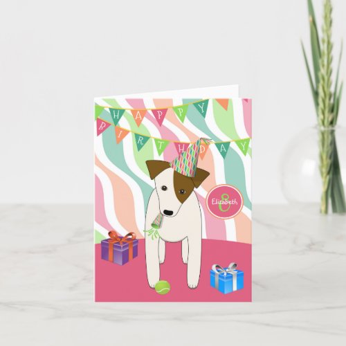 cute party dog cartoon JRT girls happy birthday Card