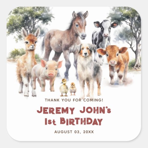 Cute Party Farm Animals Thank You For Coming Square Sticker
