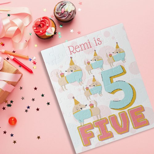 Cute Party Hat Dog Number Five Teal and Pink Jigsaw Puzzle