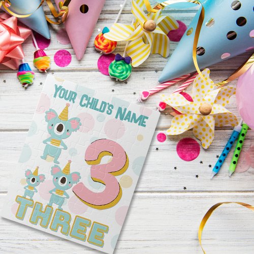 Cute Party Hat Koala Number Three Pink and Teal Jigsaw Puzzle