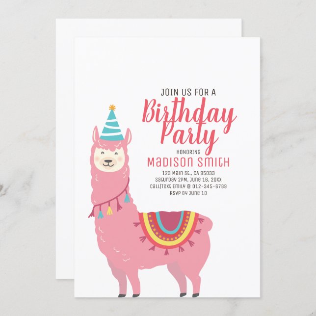 Cute Party Llama and Balloon Birthday Invitation (Front/Back)