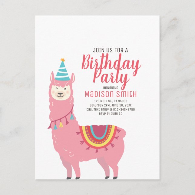 Cute Party Llama and Balloon Birthday Invitation (Front)