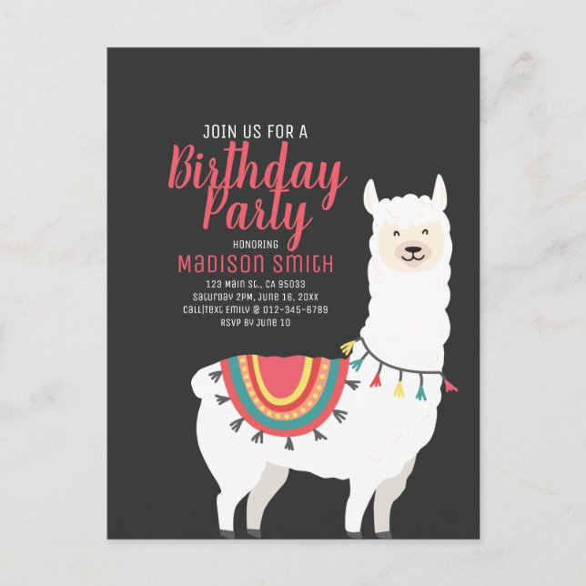 Cute Party Llama and Balloon Birthday Invitation Postcard (Front)