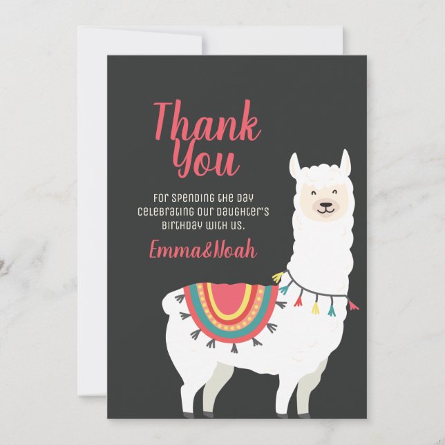 Cute Party Llama and Balloon Birthday Thank You Card (Front)