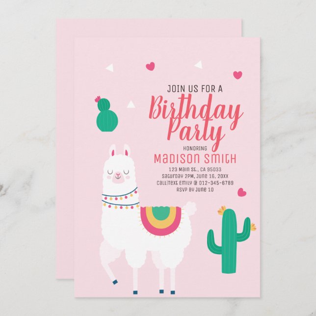 Cute Party Llama Birthday Invitation (Front/Back)