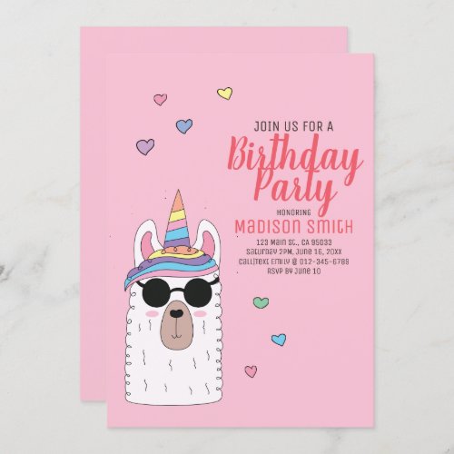 Cute Party Llamacorn Birthday Invitation