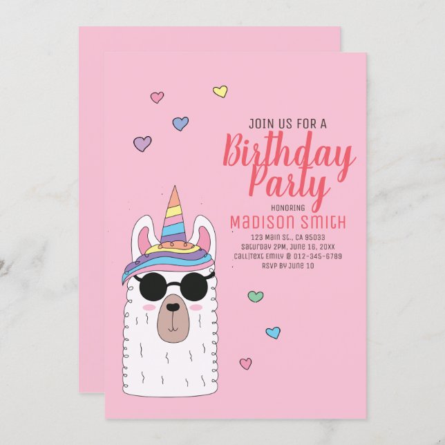 Cute Party Llamacorn Birthday Invitation (Front/Back)