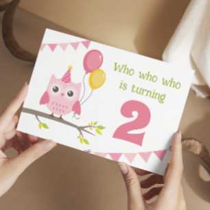 Cute Party Owl Who Is Turning 2 Second Birthday Invitation