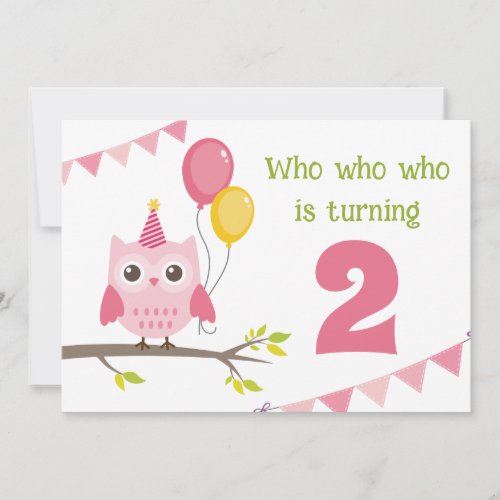 Cute Party Owl Who Is Turning 2 Second Birthday Invitation
