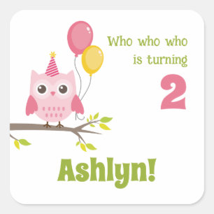 Cute Party Owl Who Is Turning 2 Second Birthday Square Sticker