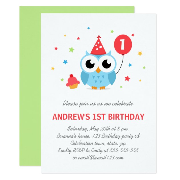 Cute Party Owl With Balloon And Cupcake Birthday Invitation