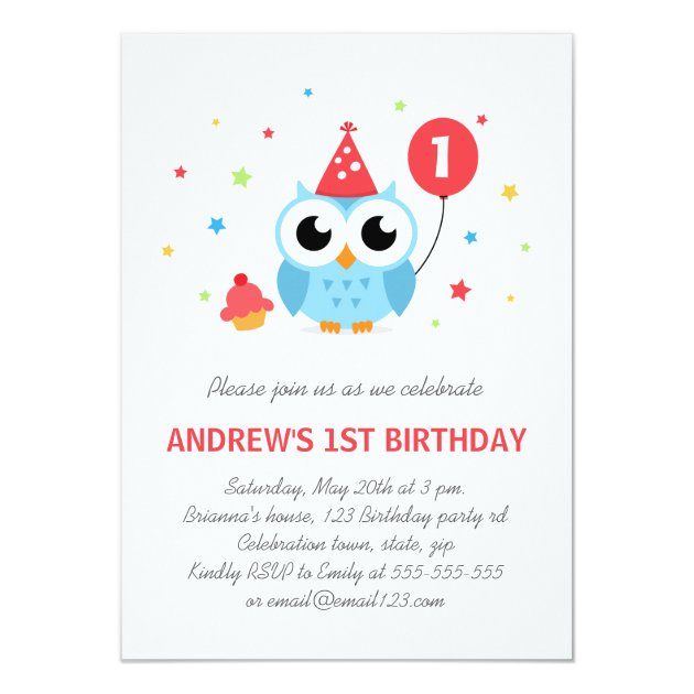 Cute Party Owl With Balloon And Cupcake Birthday Invitation