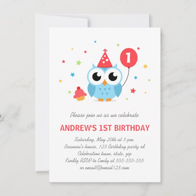 Cute party owl with balloon and cupcake birthday invitation (Front)