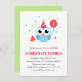 Cute party owl with balloon and cupcake birthday invitation (Front/Back)