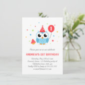 Cute party owl with balloon and cupcake birthday invitation (Standing Front)