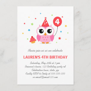 Cute party owl with balloon and cupcake birthday invitation