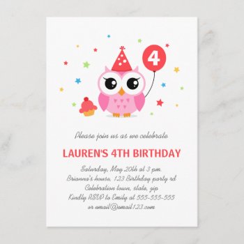 Cute Party Owl With Balloon And Cupcake Birthday Invitation by BrightAndBreezy at Zazzle