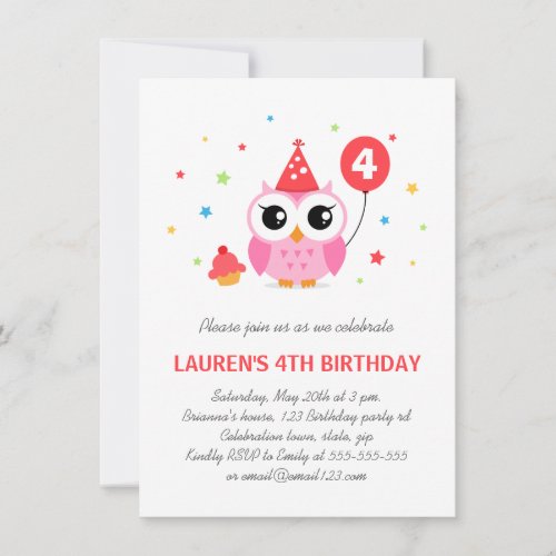Cute party owl with balloon and cupcake birthday invitation